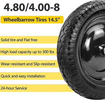 2PC 4.80/4.00-8 Flat Free Tire, 14.5 Wheelbarrow Tire and Wheel with 5/8" Bearings & Extra 3/4", 3-7" Centered Hub, 4.80/4.00-8 tire and wheel Fit for Gorilla Cart, Garden Cart/Hand Truck