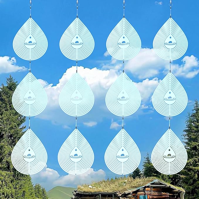 3D Water Drop Pendant Stainless Steel Wind Spinners, Bird Scare Discs with Metal Shiny Highly Reflective Double Sided 360°Rotating, Deterrents to Keep Scare Birds Away from Garden Patio Porches Yard