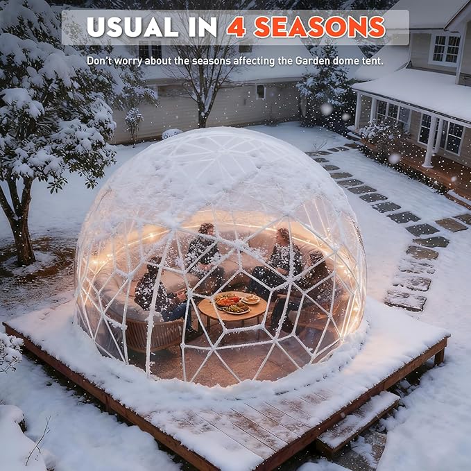 12FT Garden Dome Tent, Geodesic Dome Greenhouse with PVC Clear Cover, Waterproof Garden Bubble Dome Tent House with 2 x 10M Light Strings for Outdoor, Patio, Backyard, Party (Green Edge, 15FT/4.6M)