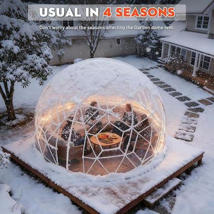 12FT Garden Dome Tent, Geodesic Dome Greenhouse with PVC Clear Cover, Waterproof Garden Bubble Dome Tent House with 2 x 10M Light Strings for Outdoor, Patio, Backyard, Party (Green Edge, 15FT/4.6M)