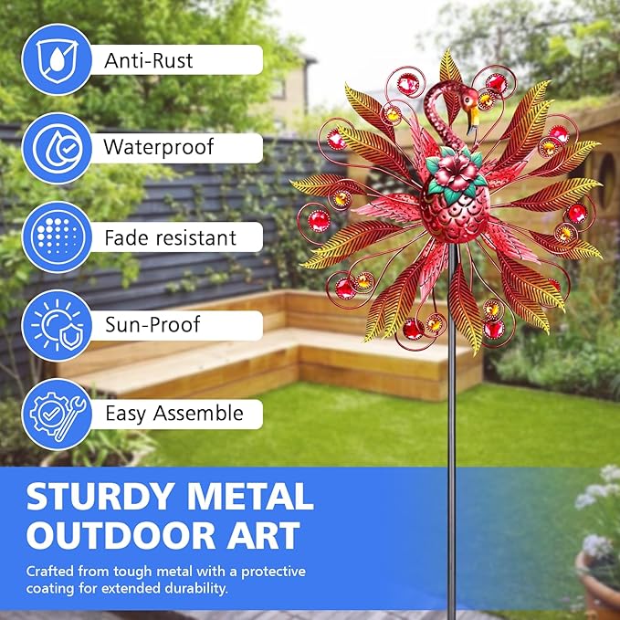 Flamingo Wind Spinner for Garden, Double Wind Sculpture Flamingo Wind Spinner for Garden Patio Yard Decor