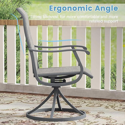 DIFY 5 Pieces Outdoor Patio Dining Set for 4, 37.8" Grey Wood-Like Metal Square Dining Table and 4 Grey Textilene Patio Swivel Chairs, Outdoor Table and Chairs