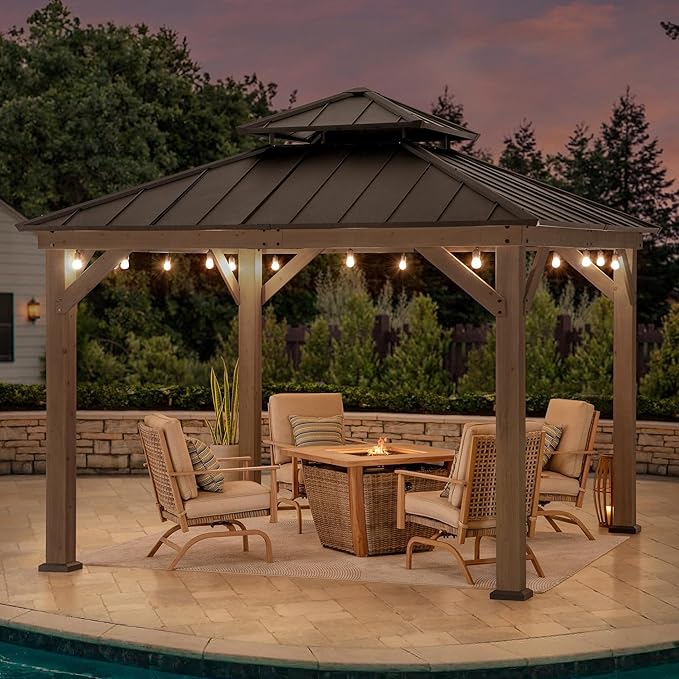 SUNJOY 11 x 11 ft. Wood Gazebo Standard Cedar Framed Gazebos with Black Double Steel Hardtop Roof for Garden, Backyard Shade, Dark Brown Roof + Dark Wood Frame