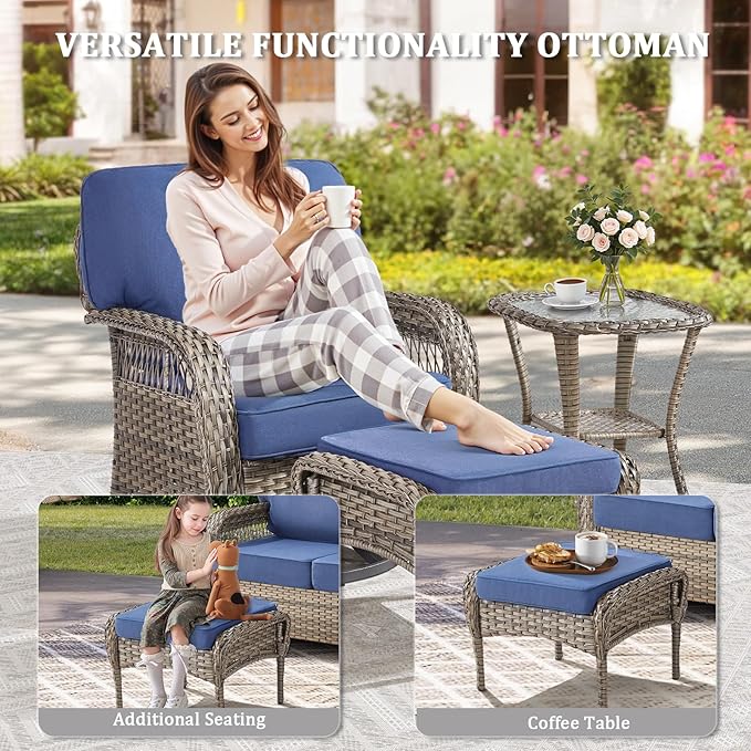 9 Pieces Patio Furniture Set Outdoor Sectional Sofa Couch with Rocking Swivel Chairs 5" Deep Seat Chairs, Modern Wicker Rattan Conversation Set, Blue/Gray Wicker