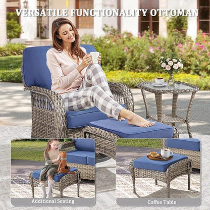 5 Pieces Patio Furniture Set Outdoor Sectional Sofa Couch with Rocking Swivel Chairs 5" Deep Seat Chairs, Modern Wicker Rattan Conversation Set, Blue/Gray Wicker