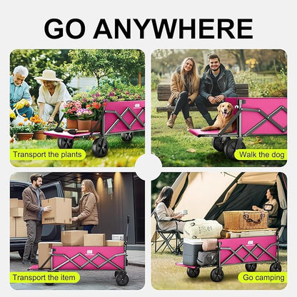 Collapsible Wagons Carts Foldable with Extended Tailgate, Folding Wagon Cart on Wheels, Portable Heavy Duty Shopping Carts for Groceries, Apartment, Garden, Camping, Sports, Outdoor (Pink)