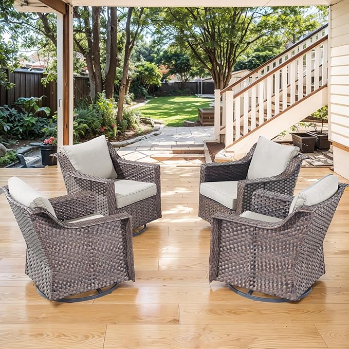 Outdoor Patio Wicker Swivel Chairs - Set of 4 Outside Rattan Rocker Glider Chair Rocking Armchairs for Front Porch Balcony Backyard Yard Deck Poolside Apartment – Brown/Beige
