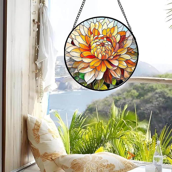 Stained Glass Window Hanging - Chrysanthemum Suncatcher for Doors Garden Patio Birth Flowers Sun Catchers Decor Christmas Mother's Day Birthday Gifts for Women Men Mom Nana Friend 15 in