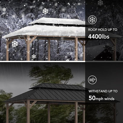 SUNJOY 12 x 20 ft. Wood Gazebo, Outdoor Patio Cedar Framed Wooden Hardtop Gazebo with 2-Tier Metal Roof, Suitable for Patios, Lawn, and Backyard, Dark Brown Roof + Dark Wood Frame