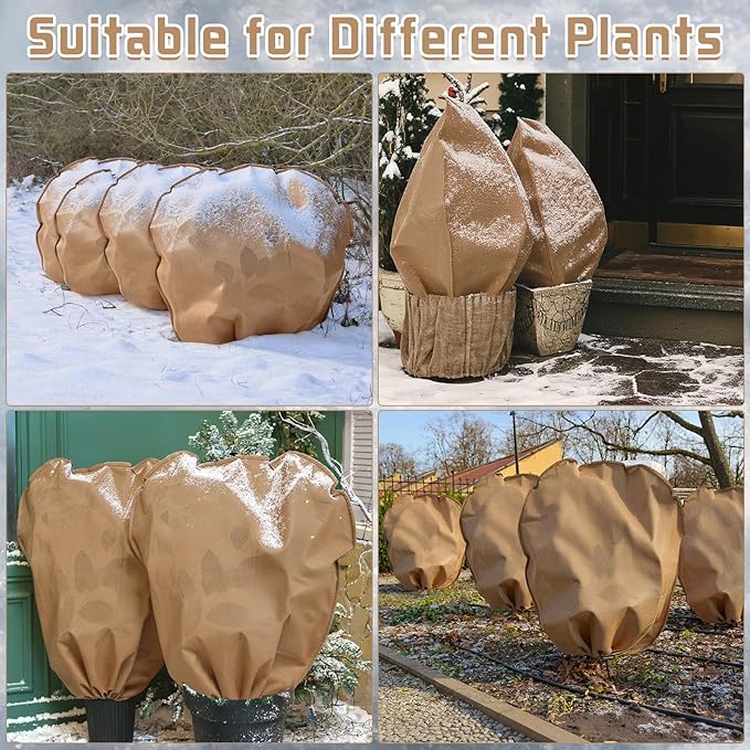 6 Pcs Winter Plant Covers Freeze Protection Reusable Plant Protector Bag with Drawstring Warm Shrubs Cover Frost Protection Planting Jacket Bags for Outdoor Garden, Brown (39.4 x 39.4 Inch)