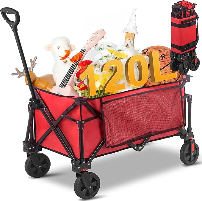 Collapsible Folding Wagon Cart, 220LBS Heavy Duty Foldable Utility Garden Cart with All Terrain Wheels & Side Storage Bag, Portable Sports Wagon for Camping, Shopping, Garden. (Red)