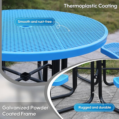 8-Person Picnic Tables for Outdoors, Industrial 46" Expanded Metal Round Picnic Table with 4 Benches & Umbrella Hole, Outside Table and Bench Set for Park, Garden, Backyard, Patio, Blue