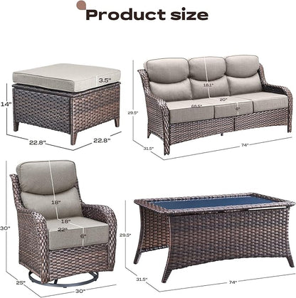 Rilyson Wicker Outdoor Patio Furniture Set - 8 Piece Patio Conversation Sets with Swivel Rocker Chairs, Ottomans, Sofa and Coffee Table, 6 inch Cushions, Deep Seating, for Porch Deck Brown/Beige