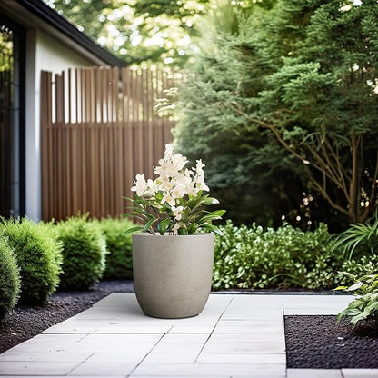 Kante 13.4" Dia Round Concrete Planter, Large Outdoor Modern Indoor Decorative Plant Pots with Drainage Hole and Rubber Plug for Home and Garden, Weathered Concrete