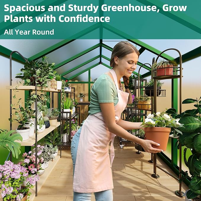 6 x 10 FT Greenhouse, Heavy-Duty Polycarbonate Large Walk-in Greenhouse Roof Vent ,Aluminum Frame & Lockable Door, for Backyard, Green Houses for Outside Garden Backyard