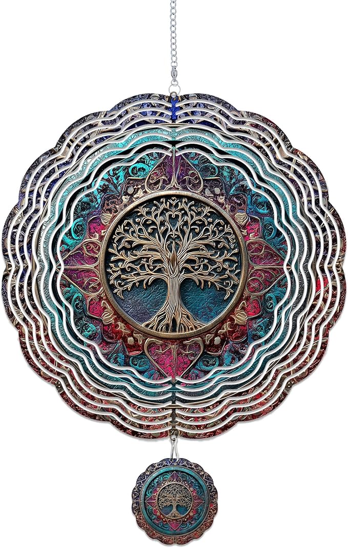 Wind Spinners Outdoor, Retro Boho Tree of Life 3D Stainless Steel Wind Sculpture Spinner for Garden Outside Hanging Decor Mother's Day Christmas Birthday Gifts for Women Men Mom Nana 7.8 in