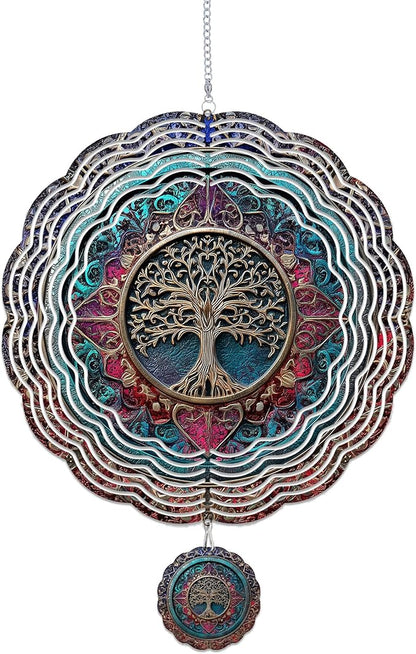 Wind Spinners Outdoor, Retro Boho Tree of Life 3D Stainless Steel Wind Sculpture Spinner for Garden Outside Hanging Decor Mother's Day Christmas Birthday Gifts for Women Men Mom Nana 7.8 in