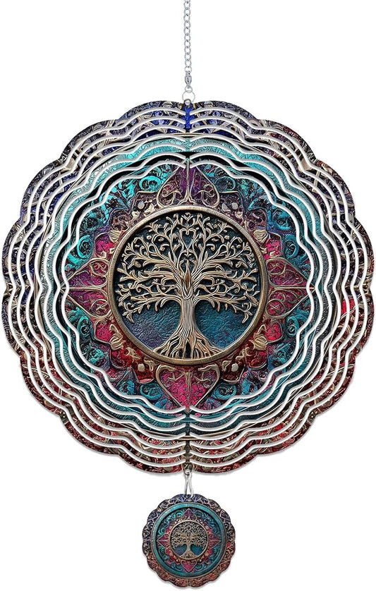 Wind Spinners Outdoor, Retro Boho Tree of Life 3D Stainless Steel Wind Sculpture Spinner for Garden Outside Hanging Decor Mother's Day Christmas Birthday Gifts for Women Men Mom Nana 7.8 in