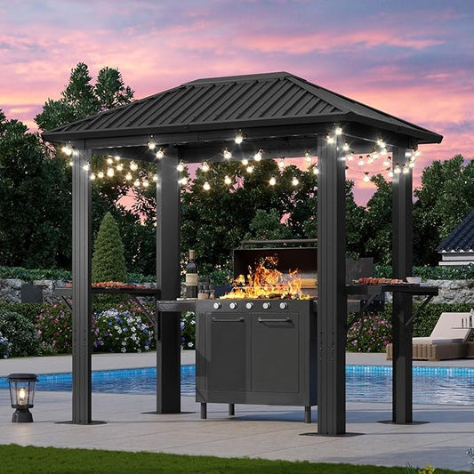 Aoxun Grill Hardtop Gazebo 5'x8', Aluminum Frame Canopy with Galvanized Steel Roof for Outside BBQ Party, Outdoor Metal Pavilion with Double Side Shelves for Backyard, Patio and Deck