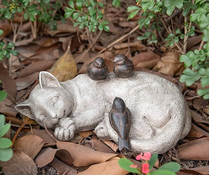 Sleeping Cat Garden Statues Outdoor - 12" Sparrows On Cat Figurine Memorial Statue Grave Markers Garden Resin Statues for Outdoor Decor Outdoor Statue Resin 12" x 8" x 4.5"