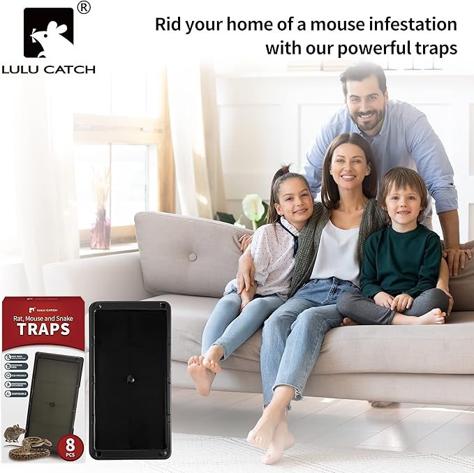 LULUCATCH Super Glue Traps 8 Pack for Mice & Snakes, Larger, Heavier Sticky Traps with Non-Toxic Glue. Sticky Mouse Traps Indoor, Easy to Set, Pet Safe Pest Control