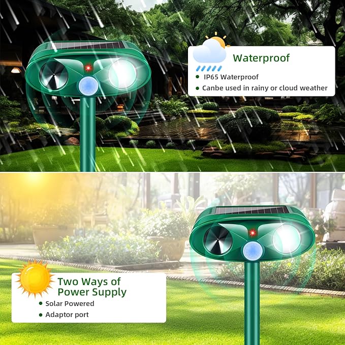 4 Pack Solar Ultrasonic Animal Repellent Outdoor Squirrel Raccoon Fortress Pro,Cat Deer Repellent with Motion Sensor & Strobe Light,Waterproof Dog Rabbit Deterrent for Garden Yard