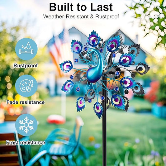Wind Spinners Garden Decor for Outside, 13 Inches 360°Peacocks Windmill for Yard Decorations Outdoor, Metal Yard Art Wind Sculptures Garden Gifts for Women, Backyard, Patio, Lawn Ornament