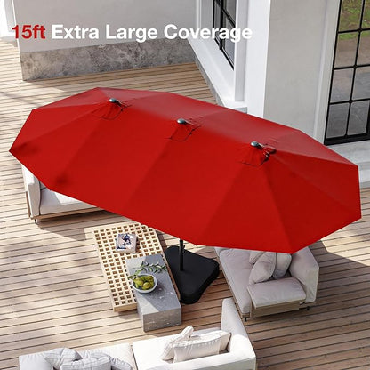 Joyside 15FT Large Patio Umbrella with Base Included, Outdoor Double Sided Umbrella, Rectangle Umbrella with Crank Handle, 12 Sturdy Ribs for Deck, Porch and Pool