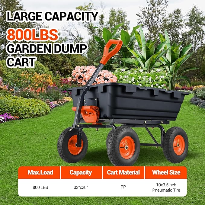 Garvee 800 LBS Poly Garden Dump Cart, Heavy-Duty Wheelbarrow with 10 in Tires, 180° Rotating Handle, Steel Frame and Quick Release System Garden Dump Cart for Soil Plants Gardening Tools Wood