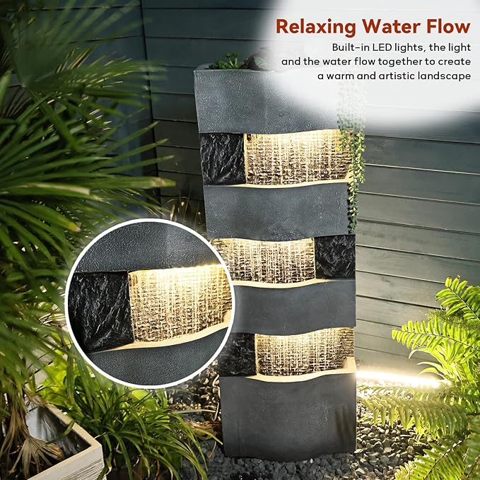 40.5''H Garden Water Fountain Outdoor,4 Tiered Floor Standing Waterfall Outdoor Fountains with LED Lights for Garden, Patio, Backyard, Deck, Porch and Home Art Decor