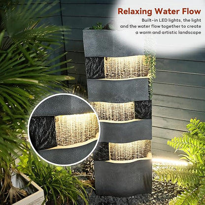 40.5''H Garden Water Fountain Outdoor,4 Tiers Floor Standing Waterfall Outdoor Fountains with LED Lights for Garden, Patio, Backyard, Deck, Porch and Home Art Decor