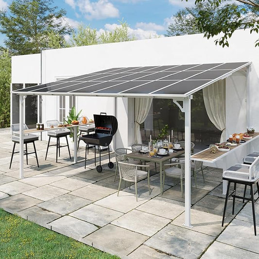 MEISSALIVVE 12' x 14' Wall Mounted Gazebo, Outdoor BBQ Grill Gazebo with Side Shelf, Lean to Metal Awnings with Sloped Roof, Heavy Duty Pergola for Backyard, Deck, White