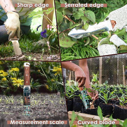 SHALL Hori Hori, Japanese Garden Knife, Soil Knife with Leather Sheath, Rosewood Handle & Hide Rope, 7” Stainless Steel Blade, Rope Cutting Edge, for Digging, Weeding, Planting, Full-Tang