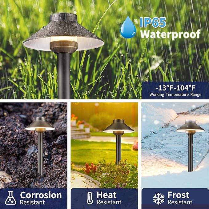 Gardenreet Brass Low Voltage Path Lights - 12V Landscaping Pathway Lamp IP65 Waterproof, Wired Walkway Lighting Outdoor, LED Mushroom-top Bronze for Lawn Backyard Garden G4 Bulb Not Included (8 Pack)