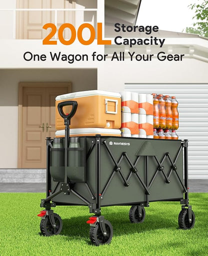 Collapsible Foldable Wagons, 440lbs Weight Capacity Beach Wagon with All-terrain Wheels, Heavy Duty Foldable Wagon, Utility Wagons Carts with Brakes for Camping, Sports, Shopping, Beach, Green & Brown