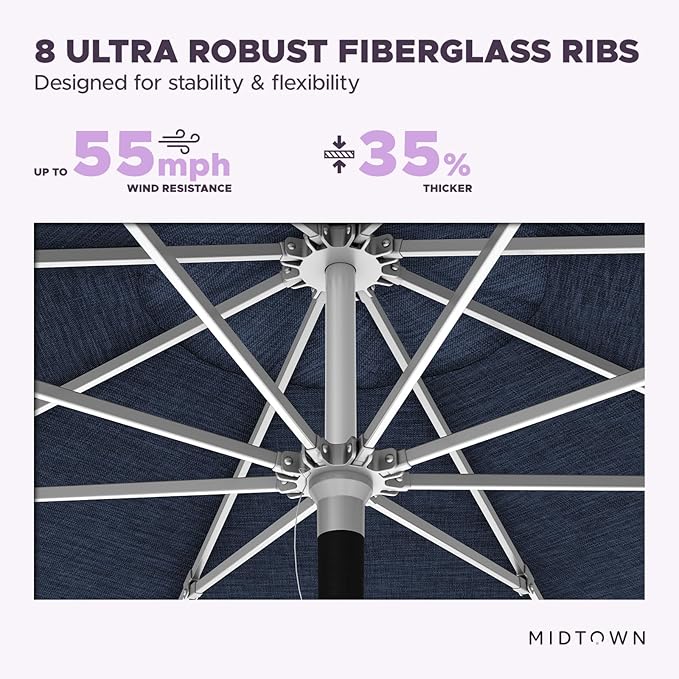 Midtown Umbrellas Push Pop Sunbrella Umbrella 8 Feet Outdoor Umbrella in Spectrum Indigo Acrylic Fabric - Patio, Backyard, Garden, Picnic Table & Pool - Black Pole