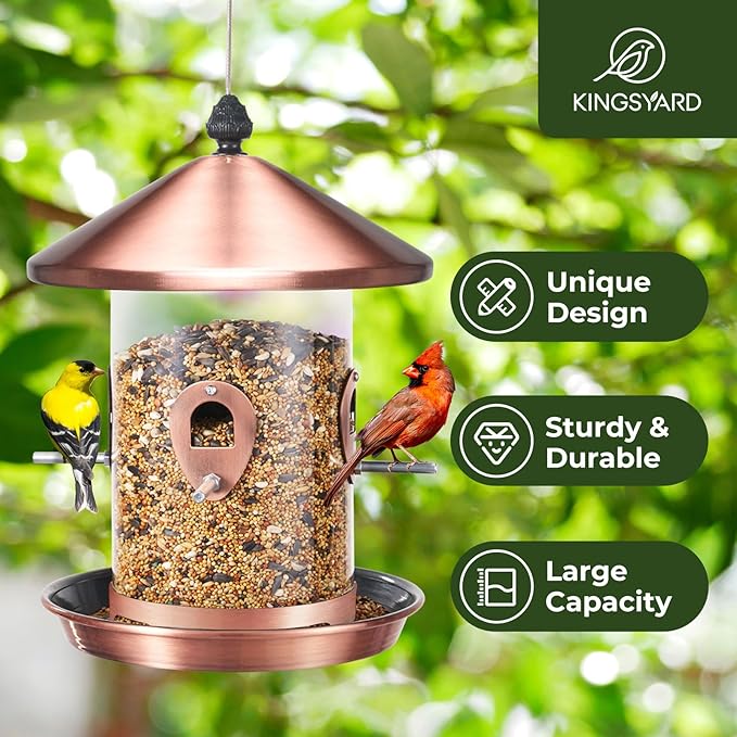 Kingsyard Metal Bird Feeders for Outdoors Hanging with 8 Ports, 4.5 lbs Large Tube Bird Feeder with Seed Tray for Cardinal Finch, Easy to Fill and Clean, Copper