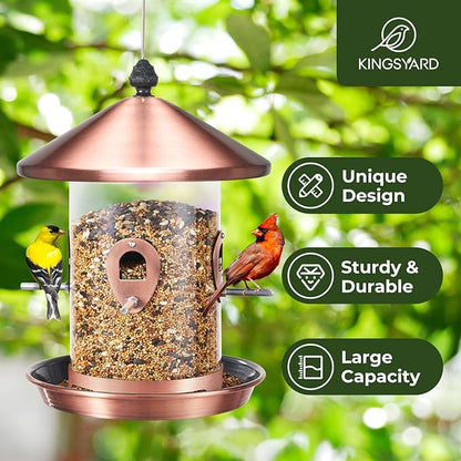 Kingsyard Metal Bird Feeders for Outdoors Hanging with 8 Ports, 4.5 lbs Large Tube Bird Feeder with Seed Tray for Cardinal Finch, Easy to Fill and Clean, Copper