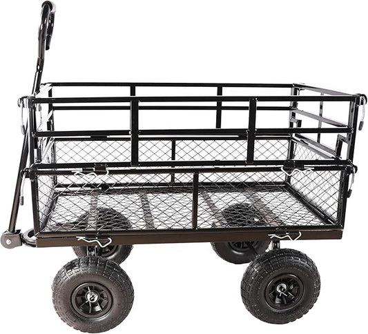 Heavy Duty Garden Wagon with Foldable Sides, Pneumatic Tires, Adjustable Handle (Black Double Layer)