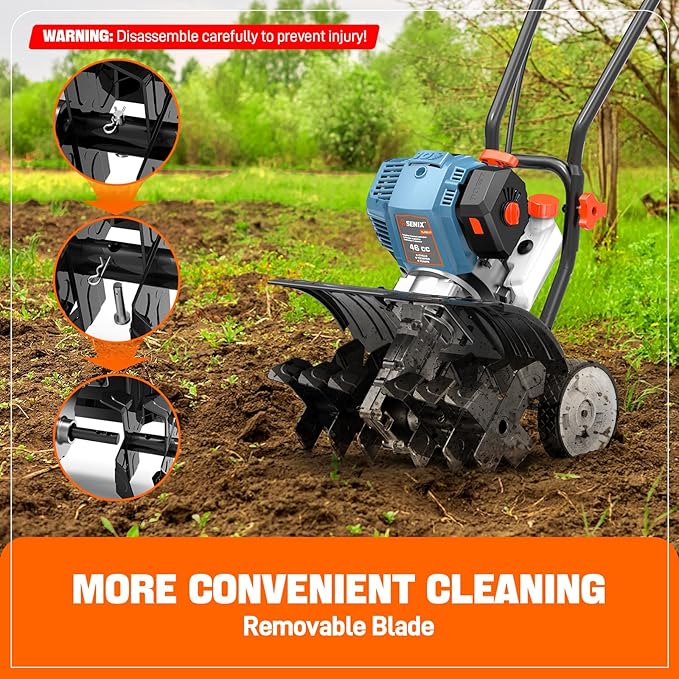 SENIX 4QL 4-Cycle Gas Powered Tiller Cultivator, 46cc Full Crank Engine, 15-Inch Tilling Width, 8-Inch Tilling Depth, Easy Start, Foldable Handles for Compact Storage (TL4QL-L1)