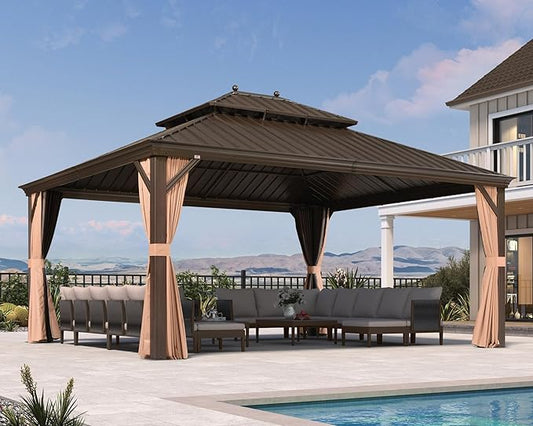 PURPLE LEAF 14' X 16' Outdoor Hardtop Gazebo Patio Wide Aluminum Frame Metal Double Roof with Heavy Duty Netting and Curtains for Permanent Hard Top Pavilion Screen Khaki