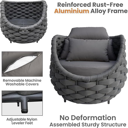 2 Pcs Patio Rope Accent Chair: Aluminum Single Lounge Armchair - Large Woven Chair Cushioned - Modern Arm Chair Assembled for 400lbs Outdoor Lanai Deck Balcony Porch Yard Garden Hotel, Dark Gray