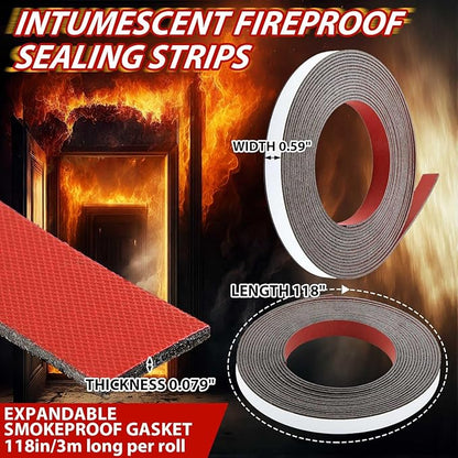 2 Rolls Intumescent Smoke Seal Strip Tape Flexible Expanding Fire Door Strips Adhesive Backed Composite Rubber Smoke Gasket Seal for Fire Windows Steel Doors, 0.6'' x 0.08'' x 9.8'/Roll