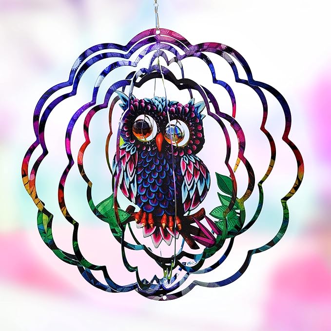 VP Home Mystical Owl Kinetic Wind Spinner for Yard and Garden - 12" W x 12" H Metal Spinner Outdoor Large Hanging Plantary Decor - 3D Garden Art Wind Sculpture Spinners Kinetic Art Garden Decoration