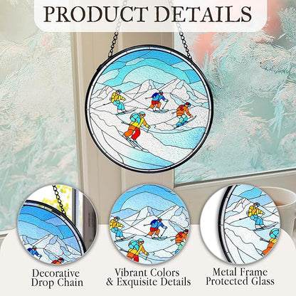 kdqua Winter Ski Suncatcher Stained Glass Window Hanging, Ski Lovers Gifts for Women Sun Catchers Indoor Window Glass Round Wall Decor, Winter Skiing Wall Art Hanging Decorations Statues, 7.9x7.9in