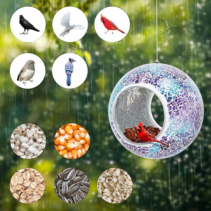 Yinns Bird Feeder - Glass Birds Feeder Outside Hanging, Mosaic Fly Through Birdfeeder with Oval Stained, Outdoor Garden Decor, 6.5 inch