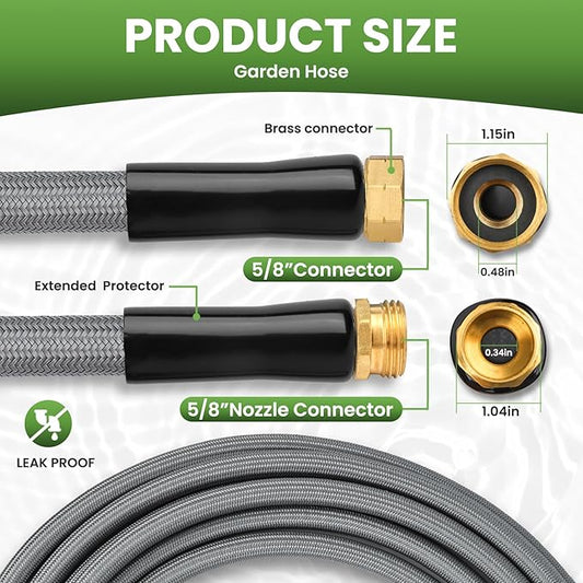 KLABB 100FT Garden Hose 5/8" with Solid Brass Connectors & 10-Function Nozzle, Lightweight Flexible PET Steel Hose with Adjustable Straps, No-Kink, Rustproof & Leak-Free for Garden & Outdoor Cleaning