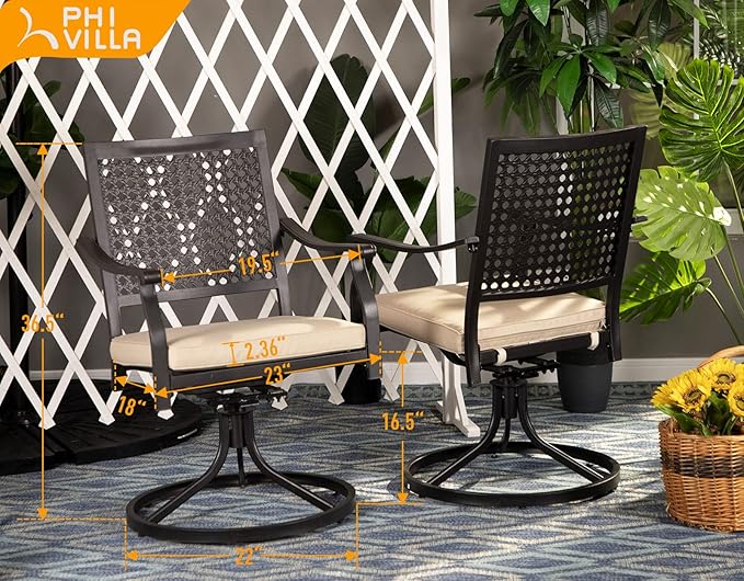 PHI VILLA Patio Swivel Dining Chairs Set of 6, Outdoor Kitchen Garden Metal Chair with Cushions, Patio Furniture Chair with Armrest, Black Frame