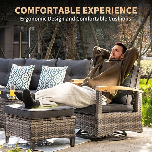 MEISSALIVVE 7 Pieces Patio Furniture Sets,PE Wicker Outdoor Conversation Sets with 2 Wood Armrests Swivel Rocker Chairs, 2 Ottoman, 3-seat Sofa and Coffee Table(Grey)