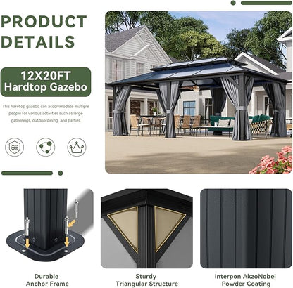 Aoxun 12'x20' Hardtop Gazebo, Aluminum Frame Permanent Pavilion with Curtains and Netting, Outdoor Polycarbonate Double Roof Canopy, Designed for Garden, Lawns, Patio, Gray